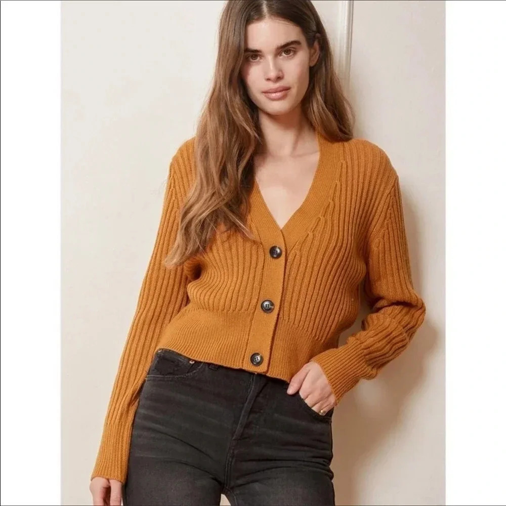 Lulus Camel Mustard Yellow Ribbed Knit Short Cardigan Sweater Women Size XL v6x